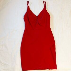 Red mini dress with very flattering neck line